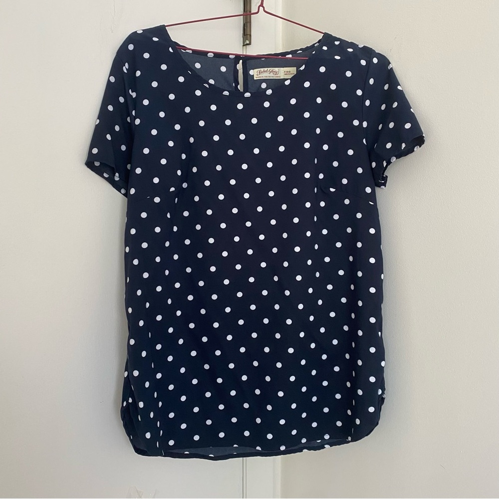 Navy White Polka Dot Short Sleeve Top Preppy Nautical Soft Girl Blouse Small